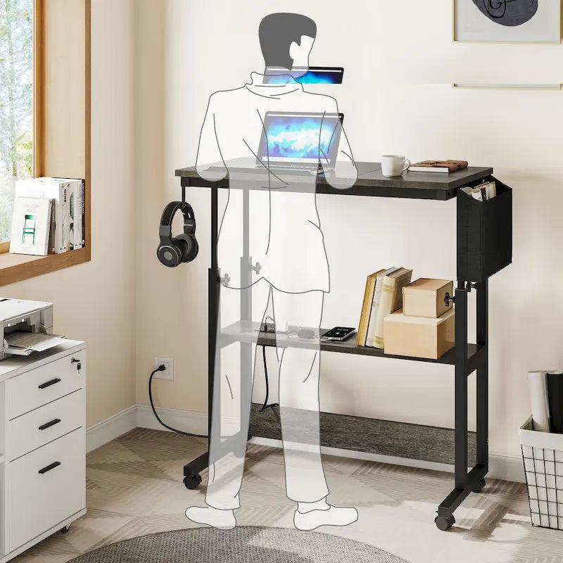 Bureau portable réglable en hauteur marron/gris/noir avec roulettes pivotantes, plateau inclinable et station de recharge intégrée, 1 personne