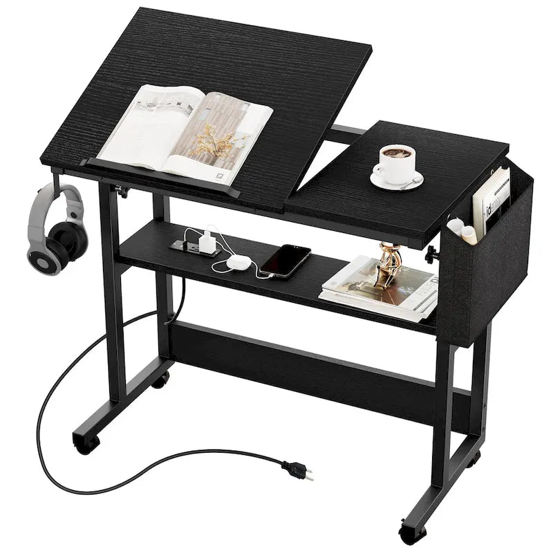Bureau portable réglable en hauteur marron/gris/noir avec roulettes pivotantes, plateau inclinable et station de recharge intégrée, 1 personne