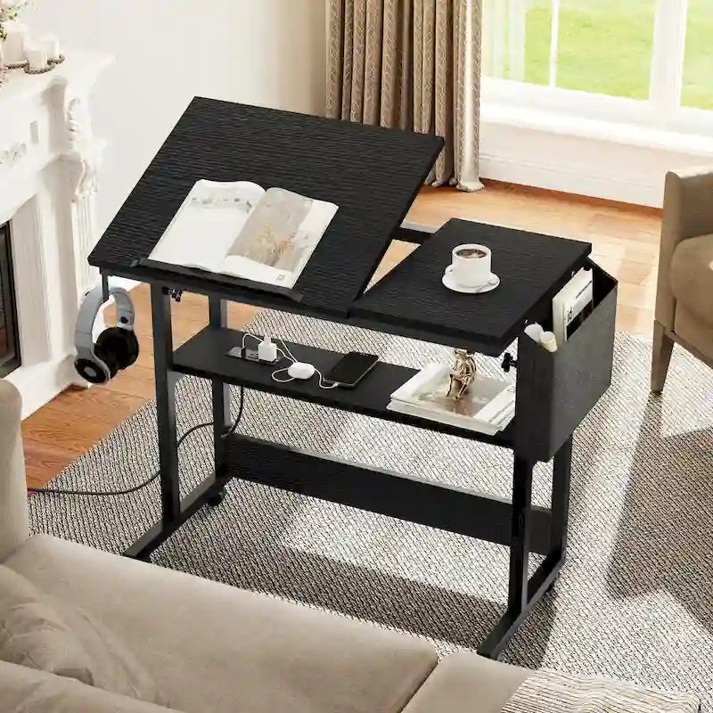 Bureau portable réglable en hauteur marron/gris/noir avec roulettes pivotantes, plateau inclinable et station de recharge intégrée, 1 personne