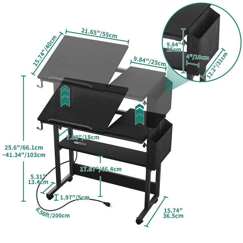 Bureau portable réglable en hauteur marron/gris/noir avec roulettes pivotantes, plateau inclinable et station de recharge intégrée, 1 personne