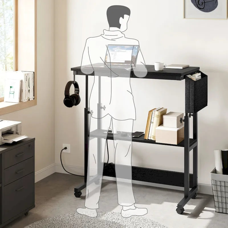 Bureau portable réglable en hauteur marron/gris/noir avec roulettes pivotantes, plateau inclinable et station de recharge intégrée, 1 personne