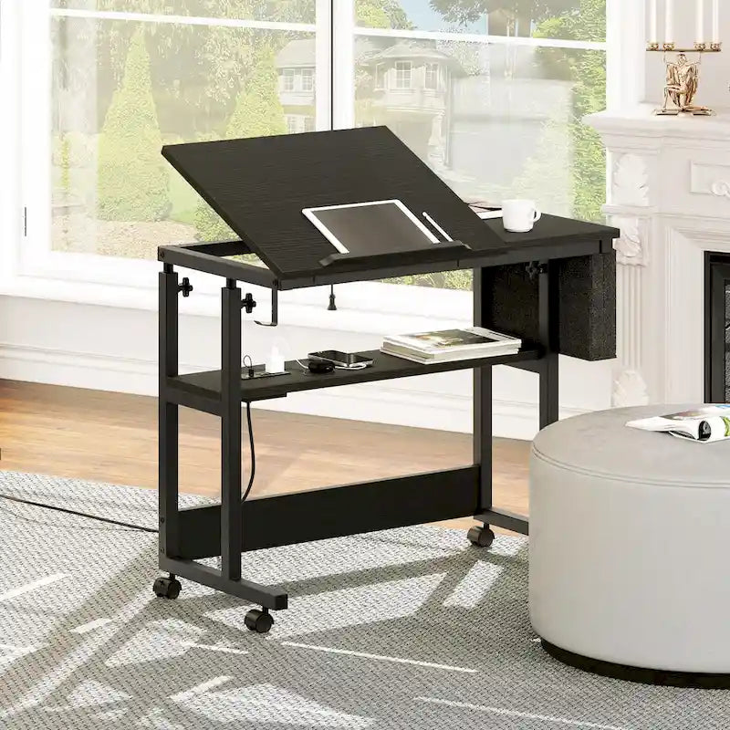 Bureau portable réglable en hauteur marron/gris/noir avec roulettes pivotantes, plateau inclinable et station de recharge intégrée, 1 personne