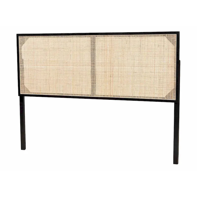 Tête de lit bohème en rotin naturel marron/noir, grand lit, 1 personne
