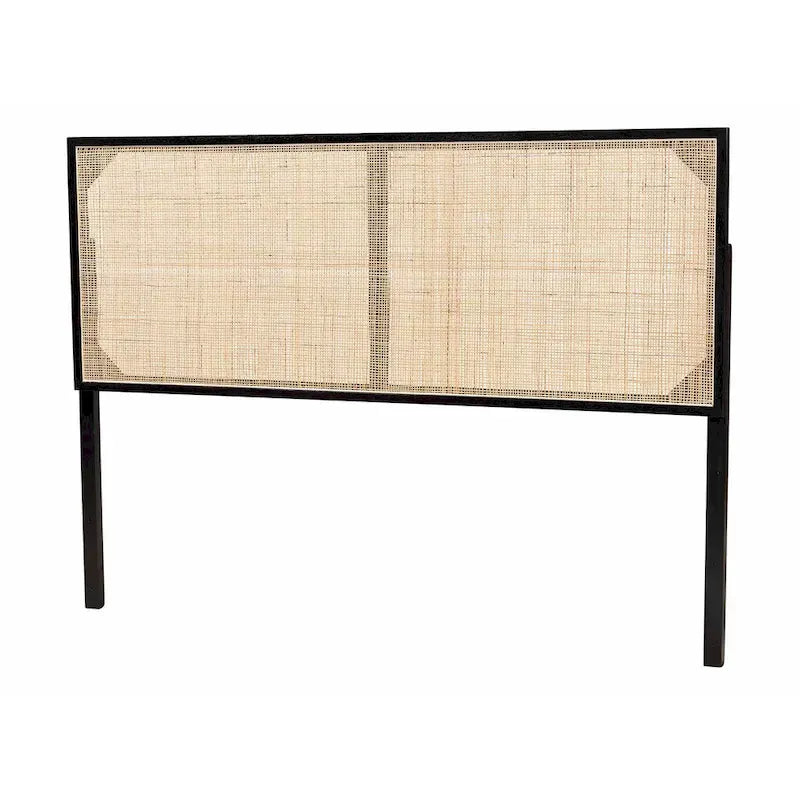 Tête de lit bohème en rotin naturel marron/noir, grand lit, 1 personne