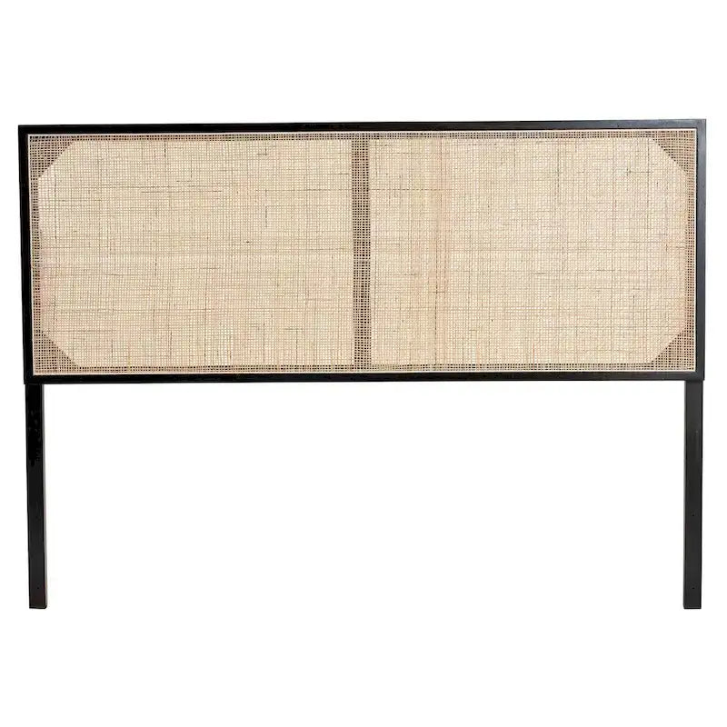 Tête de lit bohème en rotin naturel marron/noir, grand lit, 1 personne