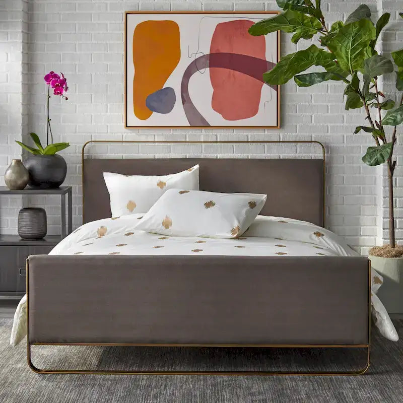 Lit plateforme Queen rembourré gris / vert / rose, pieds en laiton, 1 personne