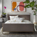 Lit plateforme Queen rembourré gris / vert / rose, pieds en laiton, 1 personne