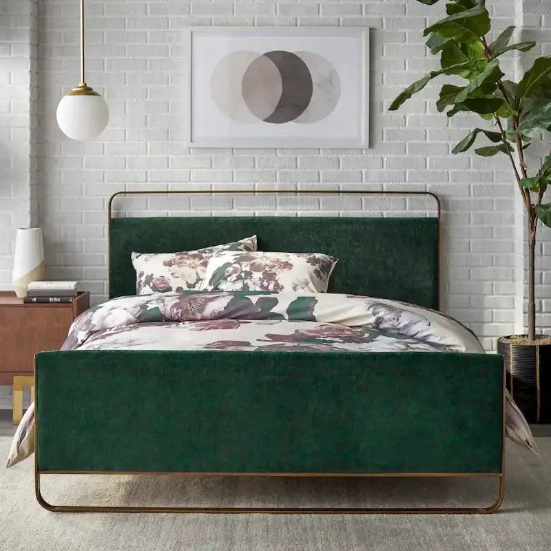Lit plateforme Queen rembourré gris / vert / rose, pieds en laiton, 1 personne