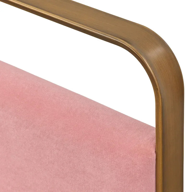 Lit plateforme Queen rembourré gris / vert / rose, pieds en laiton, 1 personne