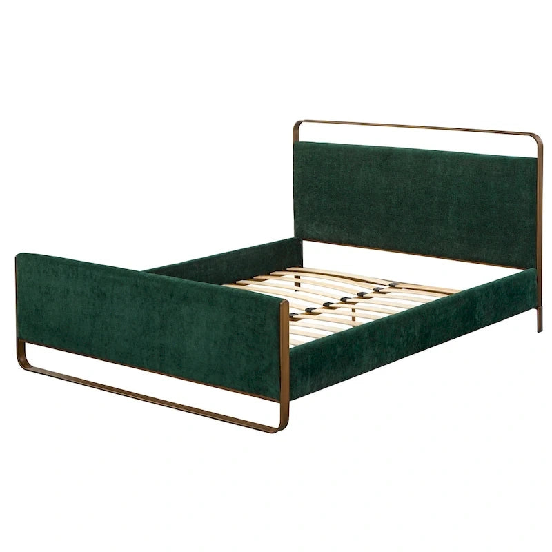 Lit plateforme Queen rembourré gris / vert / rose, pieds en laiton, 1 personne