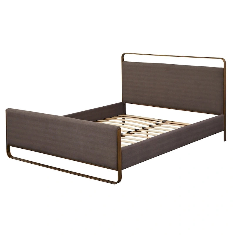 Lit plateforme Queen rembourré gris / vert / rose, pieds en laiton, 1 personne