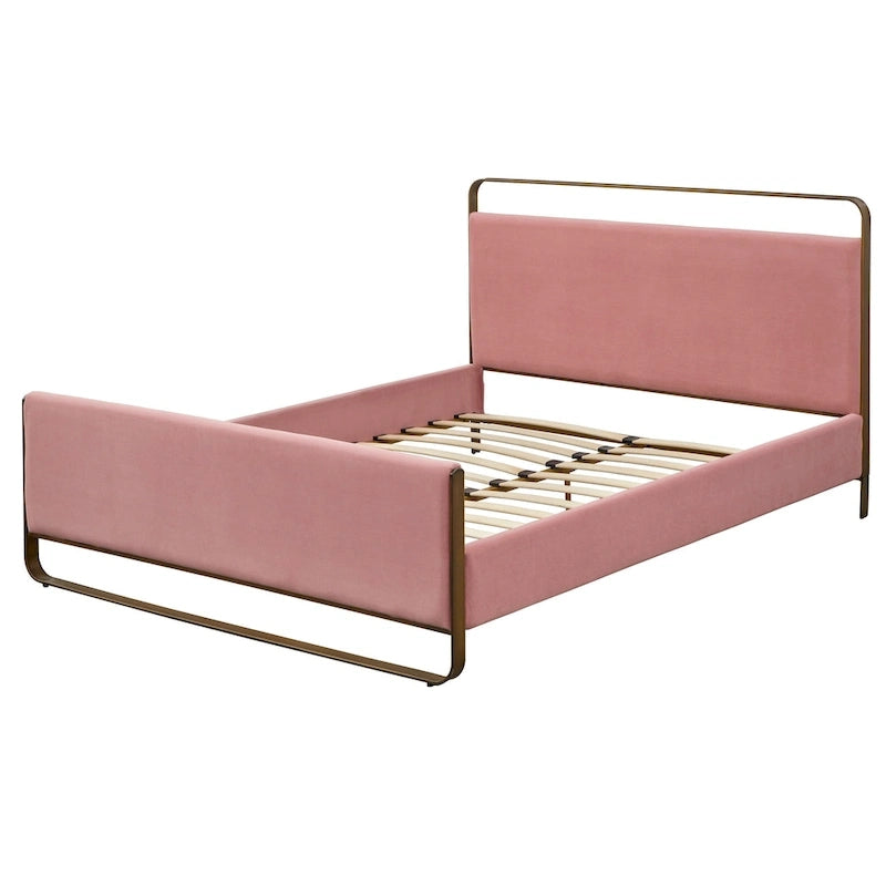 Lit plateforme Queen rembourré gris / vert / rose, pieds en laiton, 1 personne