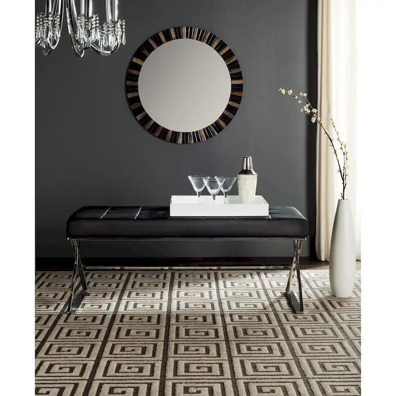 Banc ottoman capitonné en similicuir noir / gris / orange avec pieds chromés, style glamour, 1 place
