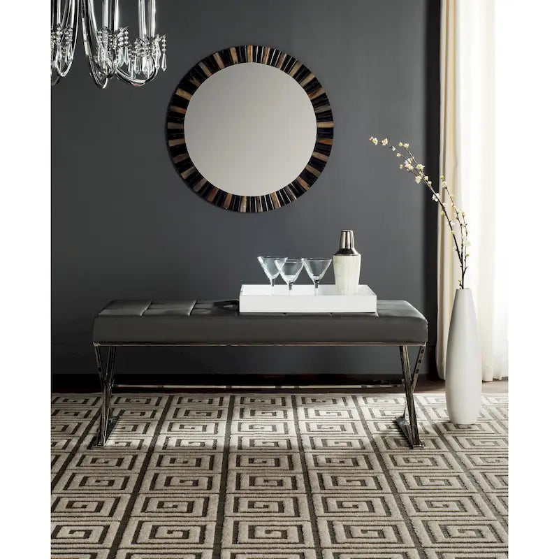 Banc ottoman capitonné en similicuir noir / gris / orange avec pieds chromés, style glamour, 1 place
