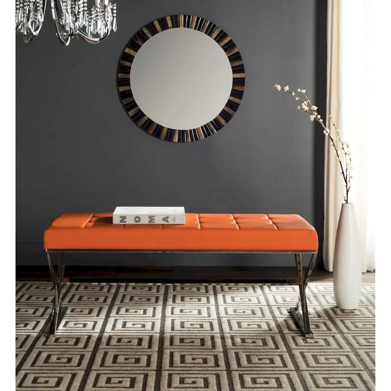 Banc ottoman capitonné en similicuir noir / gris / orange avec pieds chromés, style glamour, 1 place
