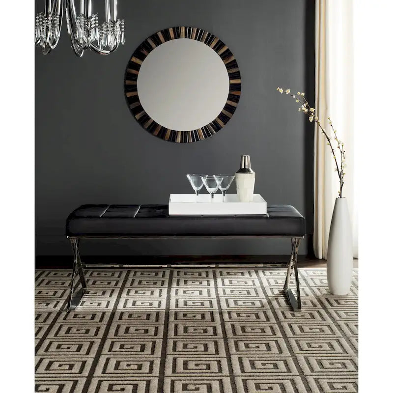 Banc ottoman capitonné en similicuir noir / gris / orange avec pieds chromés, style glamour, 1 place