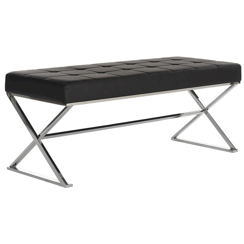 Banc ottoman capitonné en similicuir noir / gris / orange avec pieds chromés, style glamour, 1 place