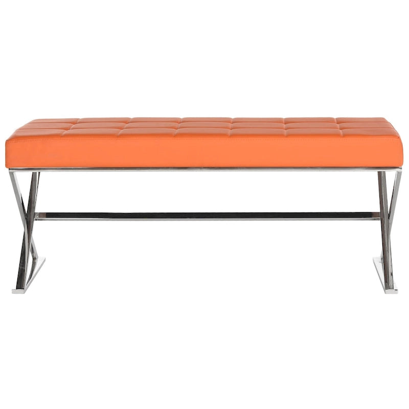 Banc ottoman capitonné en similicuir noir / gris / orange avec pieds chromés, style glamour, 1 place