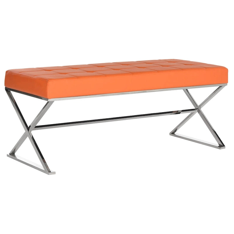 Banc ottoman capitonné en similicuir noir / gris / orange avec pieds chromés, style glamour, 1 place