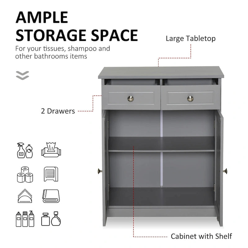 Meuble de rangement de salle de bain gris sur pied, 2 portes 2 tiroirs, 1 personne