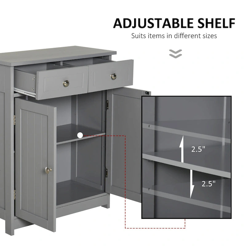 Meuble de rangement de salle de bain gris sur pied, 2 portes 2 tiroirs, 1 personne