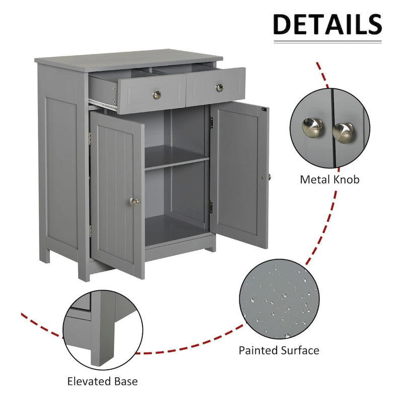 Meuble de rangement de salle de bain gris sur pied, 2 portes 2 tiroirs, 1 personne