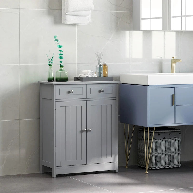Meuble de rangement de salle de bain gris sur pied, 2 portes 2 tiroirs, 1 personne