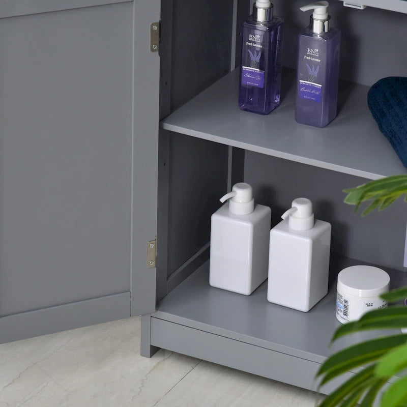 Meuble de rangement de salle de bain gris sur pied, 2 portes 2 tiroirs, 1 personne
