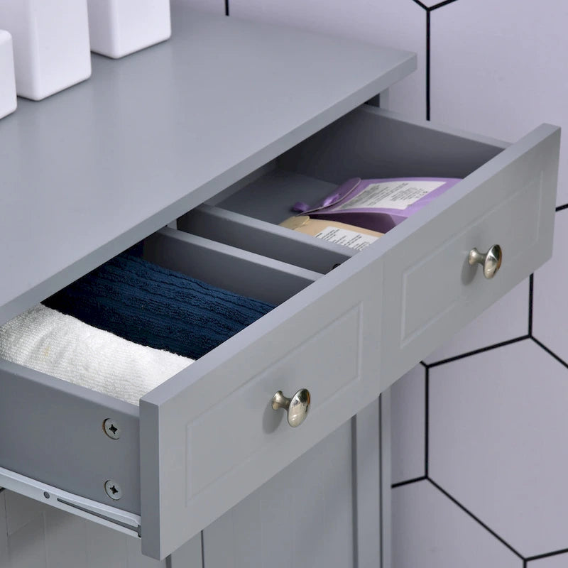 Meuble de rangement de salle de bain gris sur pied, 2 portes 2 tiroirs, 1 personne