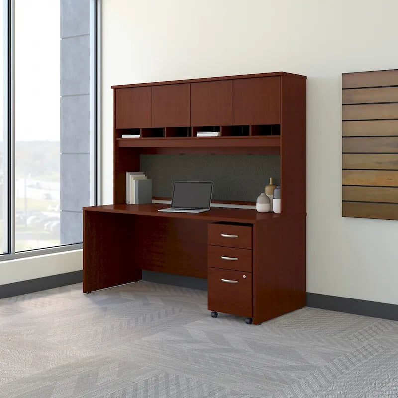 Bureau de 72 pouces acajou / cerisier / gris graphite avec huche 4 portes et classeur mobile, 1 personne