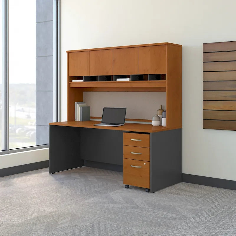Bureau de 72 pouces acajou / cerisier / gris graphite avec huche 4 portes et classeur mobile, 1 personne