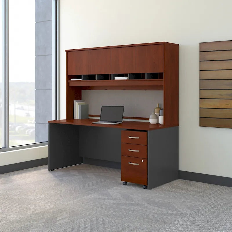 Bureau de 72 pouces acajou / cerisier / gris graphite avec huche 4 portes et classeur mobile, 1 personne