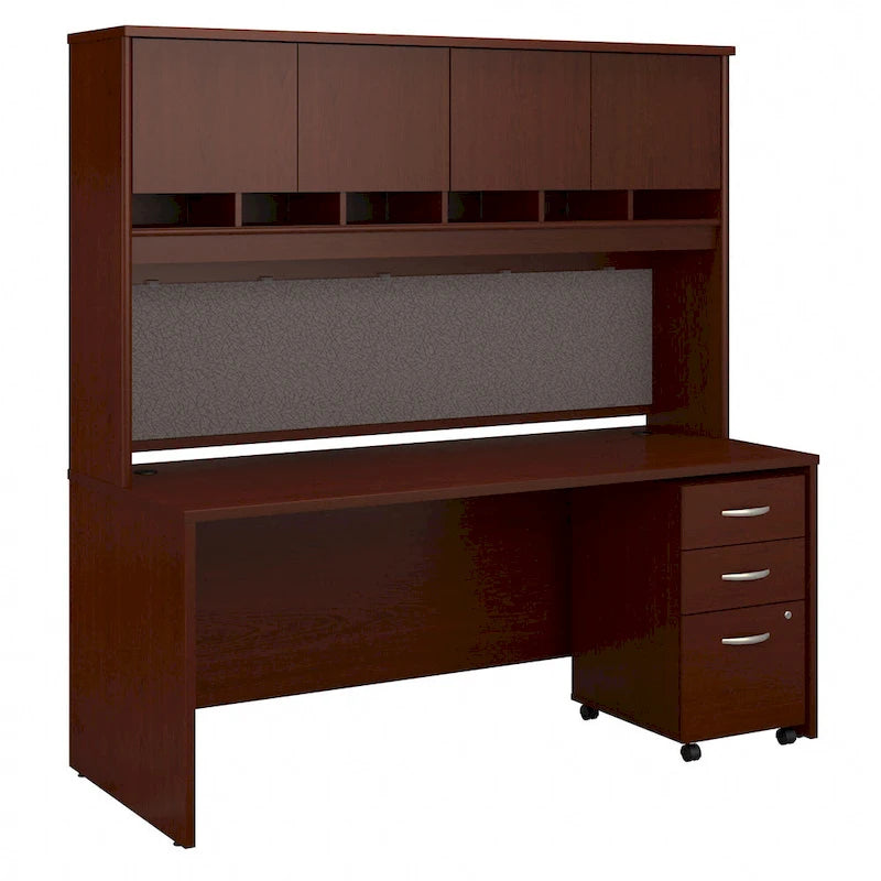 Bureau de 72 pouces acajou / cerisier / gris graphite avec huche 4 portes et classeur mobile, 1 personne