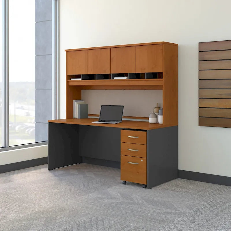 Bureau de 72 pouces acajou / cerisier / gris graphite avec huche 4 portes et classeur mobile, 1 personne
