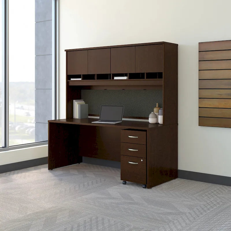 Bureau de 72 pouces acajou / cerisier / gris graphite avec huche 4 portes et classeur mobile, 1 personne