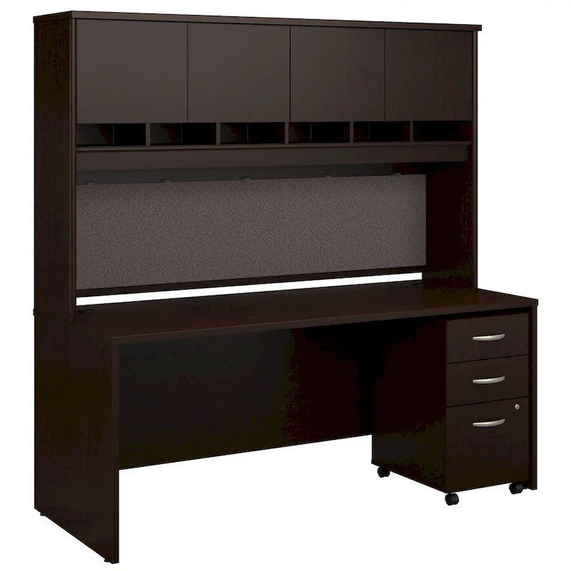 Bureau de 72 pouces acajou / cerisier / gris graphite avec huche 4 portes et classeur mobile, 1 personne
