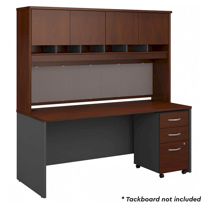 Bureau de 72 pouces acajou / cerisier / gris graphite avec huche 4 portes et classeur mobile, 1 personne