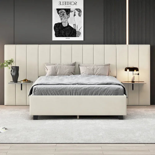 Lit plateforme en velours beige / gris / rose avec tête de lit surdimensionnée et étagères latérales, deux places (double / queen)
