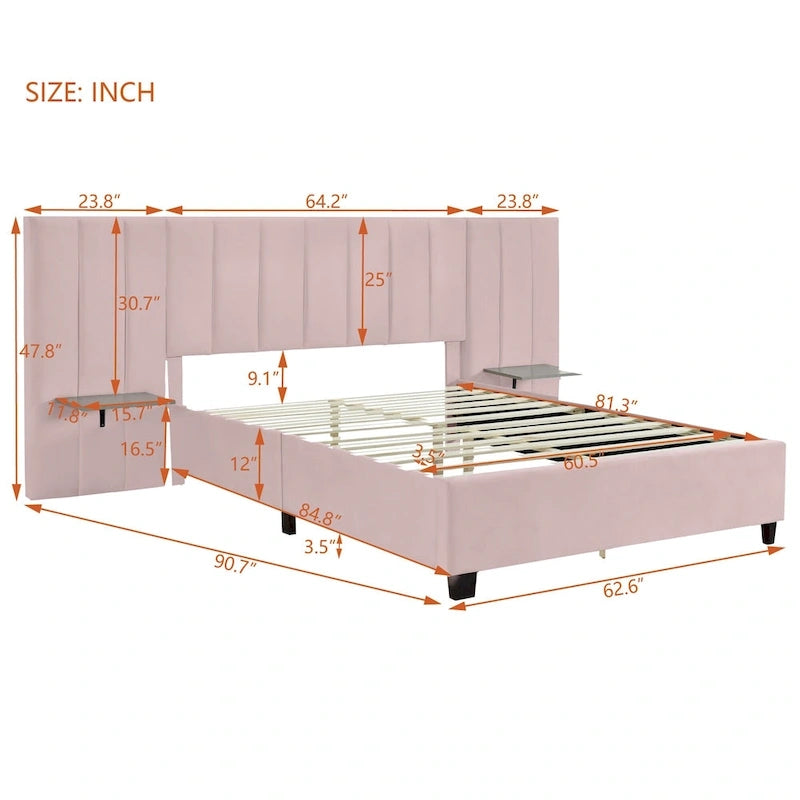 Lit plateforme en velours beige / gris / rose avec tête de lit surdimensionnée et étagères latérales, deux places (double / queen)