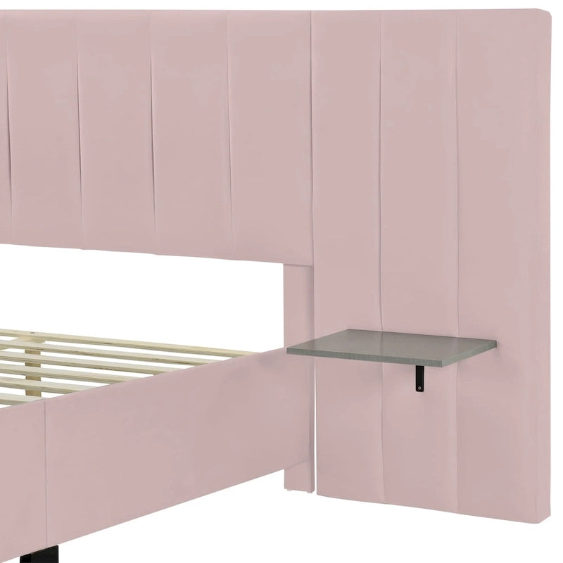 Lit plateforme en velours beige / gris / rose avec tête de lit surdimensionnée et étagères latérales, deux places (double / queen)