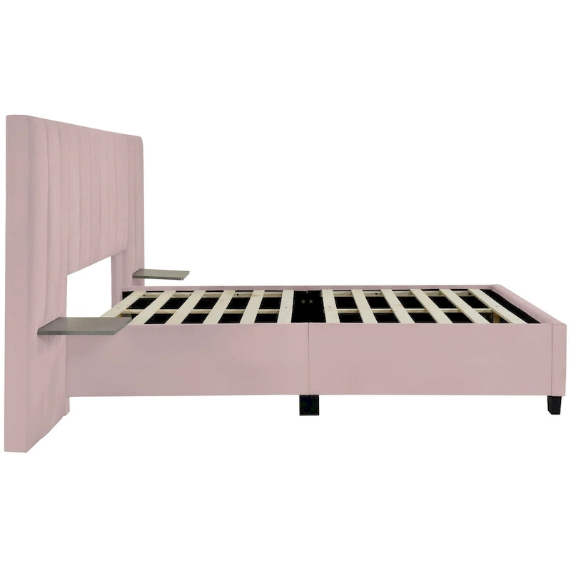 Lit plateforme en velours beige / gris / rose avec tête de lit surdimensionnée et étagères latérales, deux places (double / queen)
