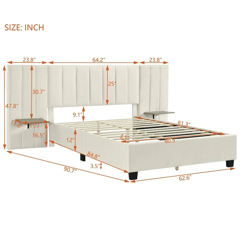 Lit plateforme en velours beige / gris / rose avec tête de lit surdimensionnée et étagères latérales, deux places (double / queen)