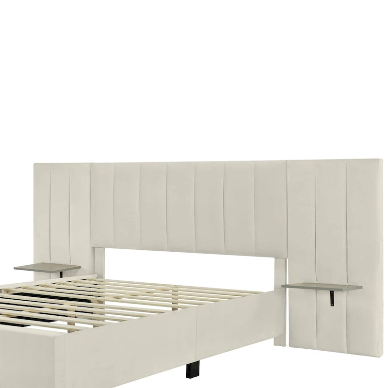 Lit plateforme en velours beige / gris / rose avec tête de lit surdimensionnée et étagères latérales, deux places (double / queen)