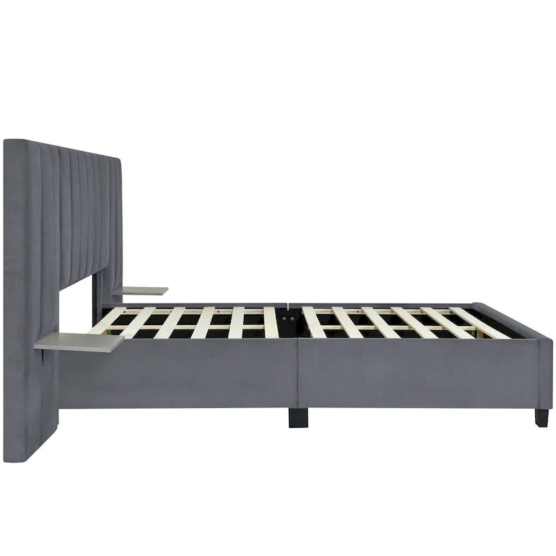 Lit plateforme en velours beige / gris / rose avec tête de lit surdimensionnée et étagères latérales, deux places (double / queen)