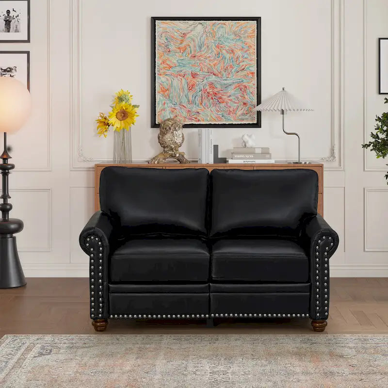 Causeuse en similicuir noir avec garniture cloutée argentée, rangement sous l'assise et 6 pieds, 2 places