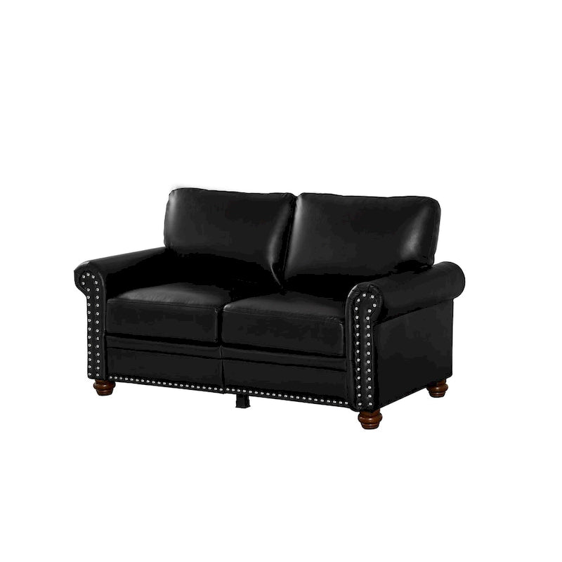 Causeuse en similicuir noir avec garniture cloutée argentée, rangement sous l'assise et 6 pieds, 2 places