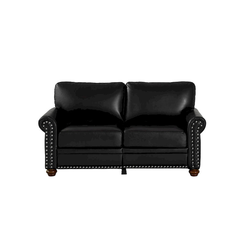 Causeuse en similicuir noir avec garniture cloutée argentée, rangement sous l'assise et 6 pieds, 2 places