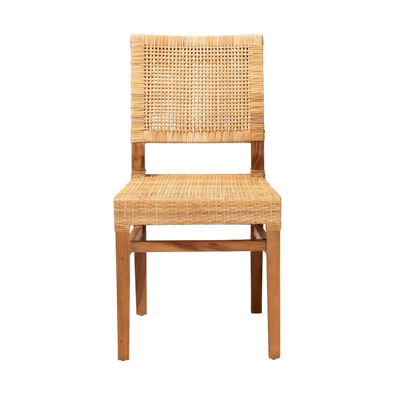 Chaise de salle à manger Bohème en Rotin Brun Naturel / Noyer et Bois d'Acajou, avec Dossier Carré et Pieds Inclinés, 1 place