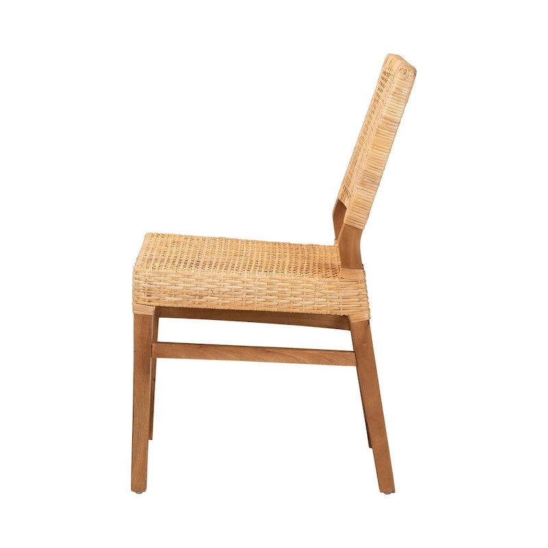 Chaise de salle à manger Bohème en Rotin Brun Naturel / Noyer et Bois d'Acajou, avec Dossier Carré et Pieds Inclinés, 1 place