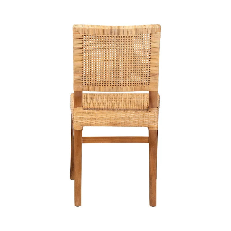 Chaise de salle à manger Bohème en Rotin Brun Naturel / Noyer et Bois d'Acajou, avec Dossier Carré et Pieds Inclinés, 1 place